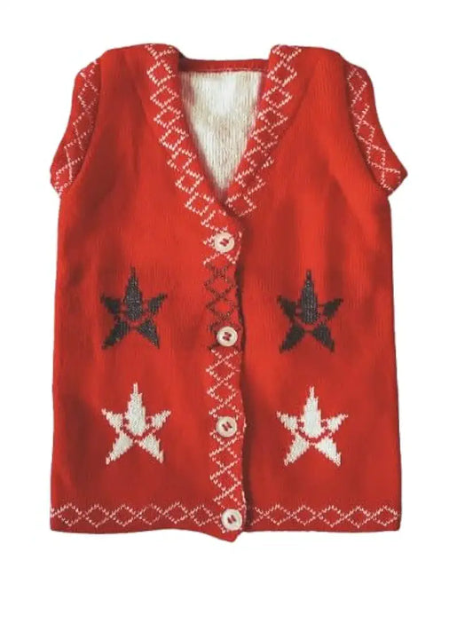 DISHAARA Newborn Baby Woolen Sweater  – Hand-Knitted Winter Vest with Star Design & Front Buttons – Soft & Warm Knitwear for Infants - Red