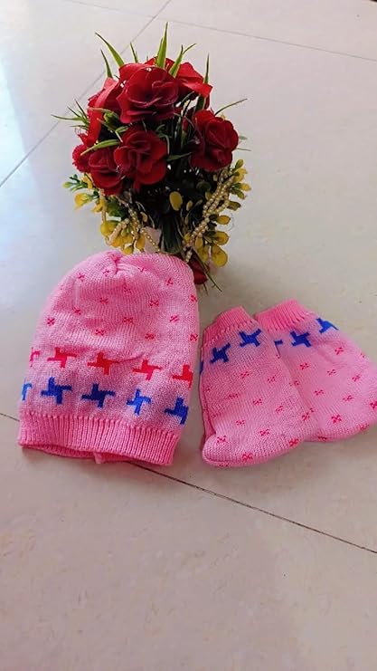 DISHAARA Kids Baby Knitted Winter Wear Set – Sweater, Pajama, Cap & Socks – Light Pink | Newborn Toddler Winter Clothing Set - New Born Baby Sweater