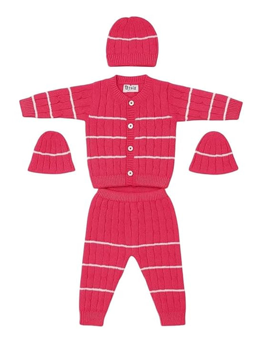 DISHAARA Kids Baby Knitted Winter Wear Set – Sweater, Pajama, Cap & Socks – Rose Pink | Infant Toddler Newborn Warm Outfit - New Born Baby Sweater