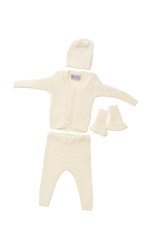 DISHAARA Kids Baby Knitted Winter Wear Set – Sweater, Pajama, Cap & Socks – Light Cream | Infant Toddler Warm Outfit for Winter - New Born Baby Sweater