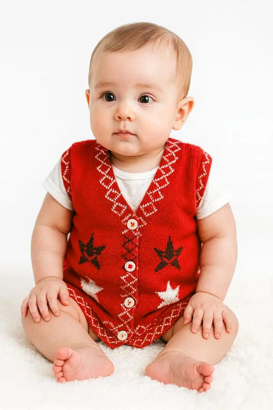 DISHAARA Newborn Baby Woolen Sweater  – Hand-Knitted Winter Vest with Star Design & Front Buttons – Soft & Warm Knitwear for Infants - Red