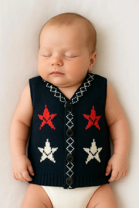 DISHAARA Newborn Baby Woolen Sweater  – Hand-Knitted Winter Vest with Star Design & Front Buttons – Soft & Warm Knitwear for Infants Black