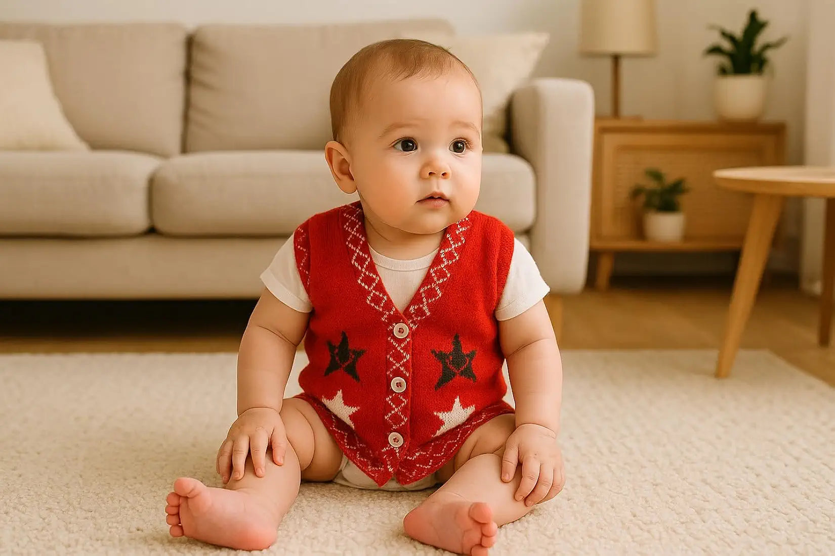 DISHAARA Newborn Baby Woolen Sweater  – Hand-Knitted Winter Vest with Star Design & Front Buttons – Soft & Warm Knitwear for Infants - Red
