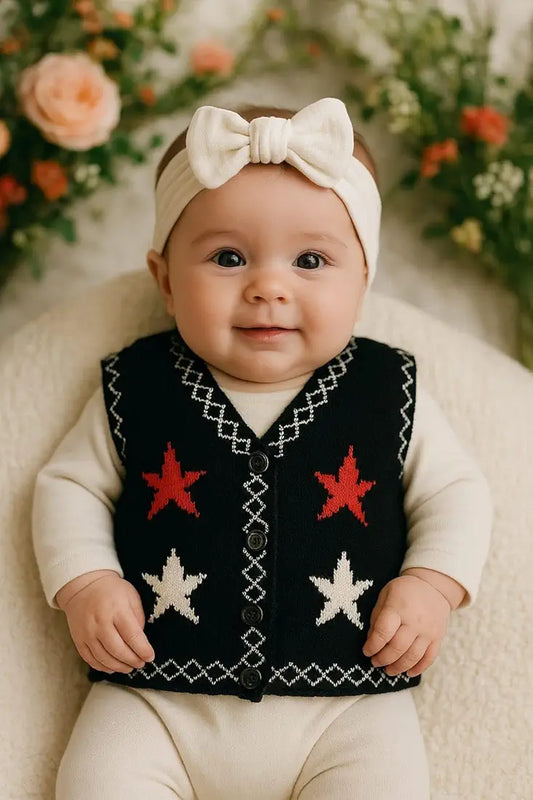 DISHAARA Newborn Baby Woolen Sweater  – Hand-Knitted Winter Vest with Star Design & Front Buttons – Soft & Warm Knitwear for Infants Black