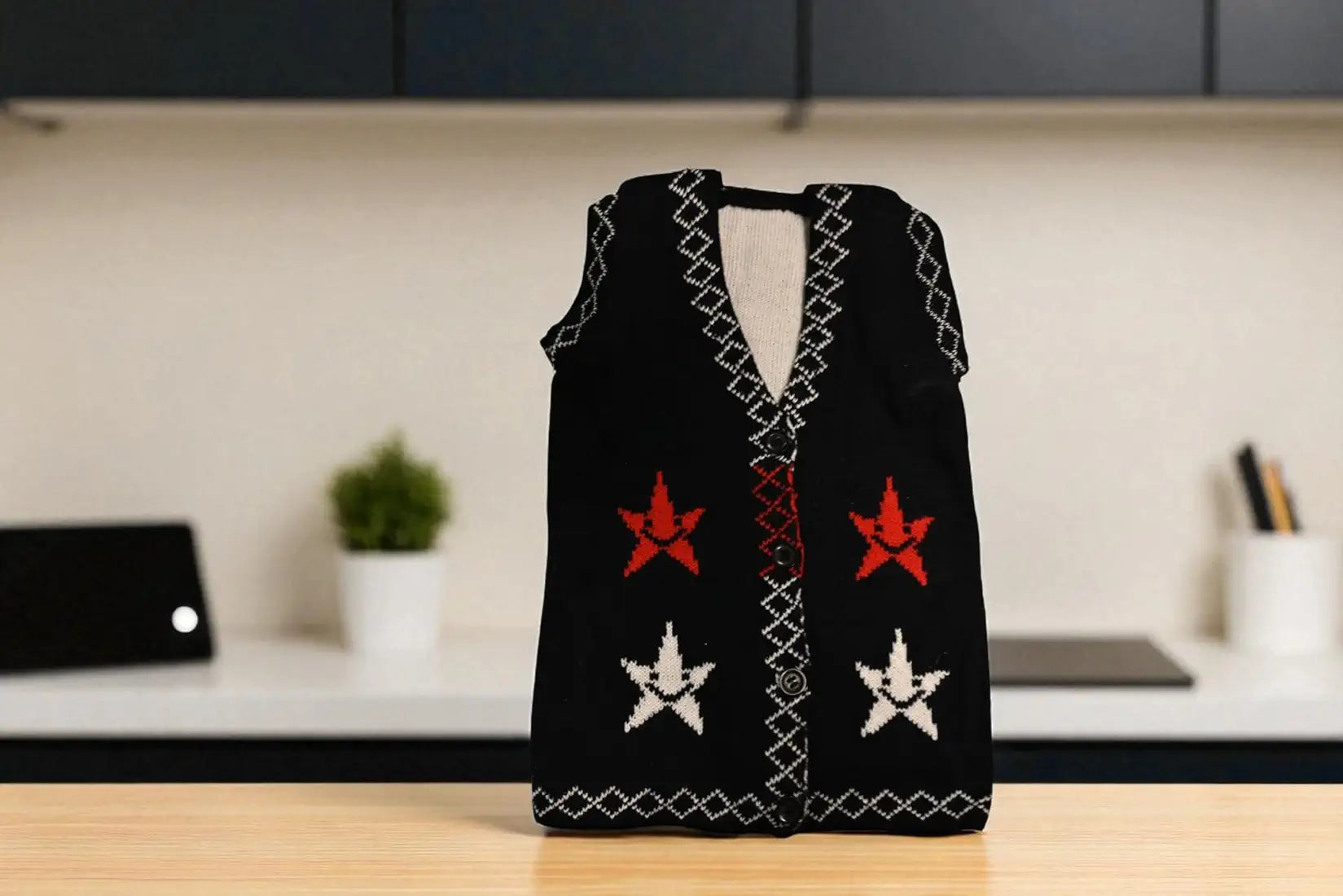 DISHAARA Newborn Baby Woolen Sweater  – Hand-Knitted Winter Vest with Star Design & Front Buttons – Soft & Warm Knitwear for Infants Black