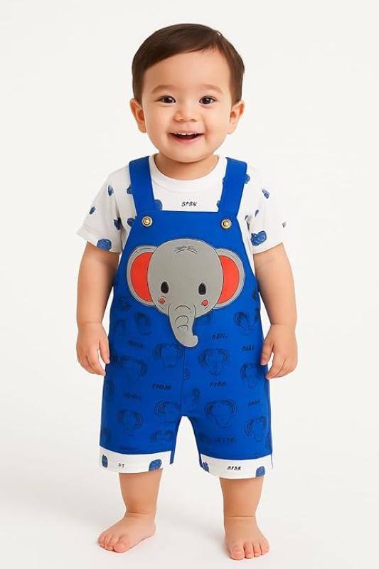 DISHAARA Fashion Newborn Baby Dungaree Set for Boys & Girls Cotton Cat & Elephant Print Romper Dress Soft & Comfortable Baby Outfit for Kids, Infants & Toddlers (0-6 Months)