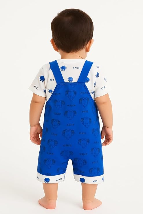 DISHAARA Fashion Newborn Baby Dungaree Set for Boys & Girls Cotton Cat & Elephant Print Romper Dress Soft & Comfortable Baby Outfit for Kids, Infants & Toddlers (0-6 Months)