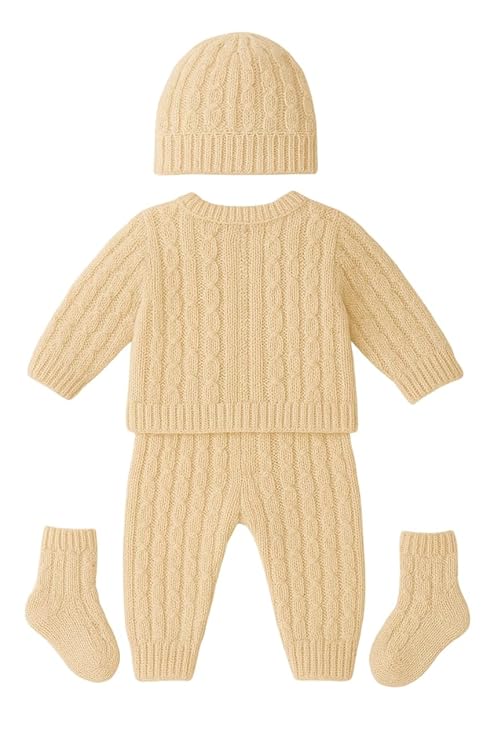 DISHAARA Kids Baby Knitted Winter Wear Set – Sweater, Pajama, Cap & Socks – Cream | Newborn Infant Toddler Winter Dress Set - New Born Baby Sweater