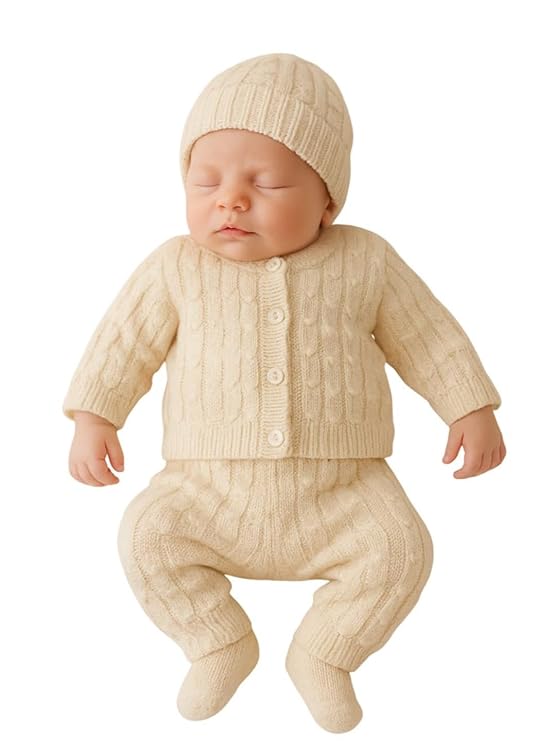 DISHAARA Kids Baby Knitted Winter Wear Set – Sweater, Pajama, Cap & Socks – Cream | Newborn Infant Toddler Winter Dress Set - New Born Baby Sweater