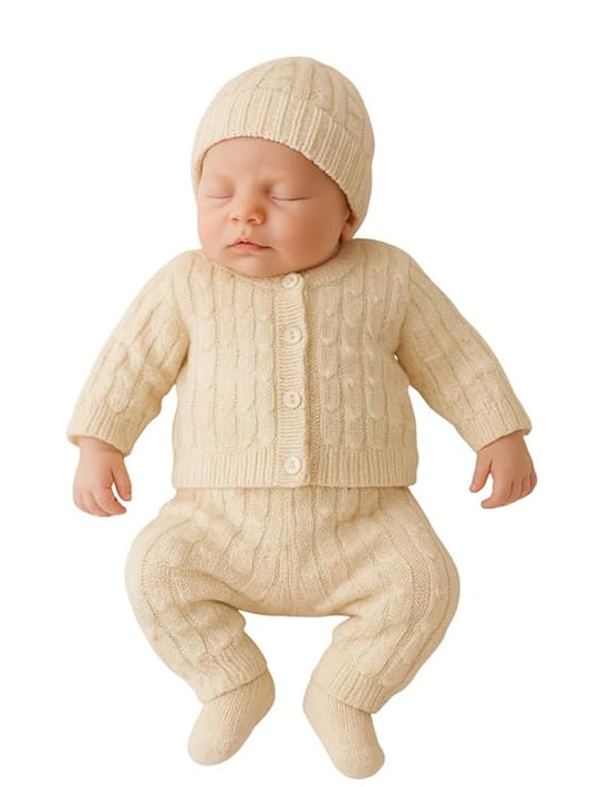 DISHAARA Kids Baby Knitted Winter Wear Set – Sweater, Pajama, Cap & Socks – Cream | Newborn Infant Toddler Winter Dress Set - New Born Baby Sweater