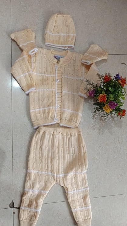 DISHAARA Kids Baby Knitted Winter Wear Set – Sweater, Pajama, Cap & Socks – Cream | Newborn Infant Toddler Winter Dress Set - New Born Baby Sweater