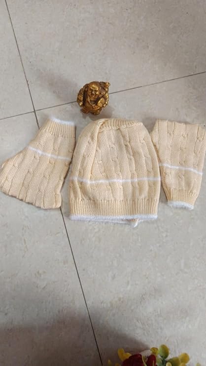 DISHAARA Kids Baby Knitted Winter Wear Set – Sweater, Pajama, Cap & Socks – Cream | Newborn Infant Toddler Winter Dress Set - New Born Baby Sweater