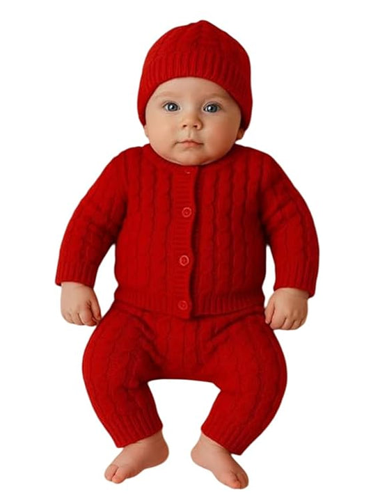 DISHAARA Kids Baby Knitted Winter Wear Set – Sweater, Pajama, Cap & Socks – Dark Red | Newborn Infant Toddler Winter Dress Set - New Born Baby Sweater