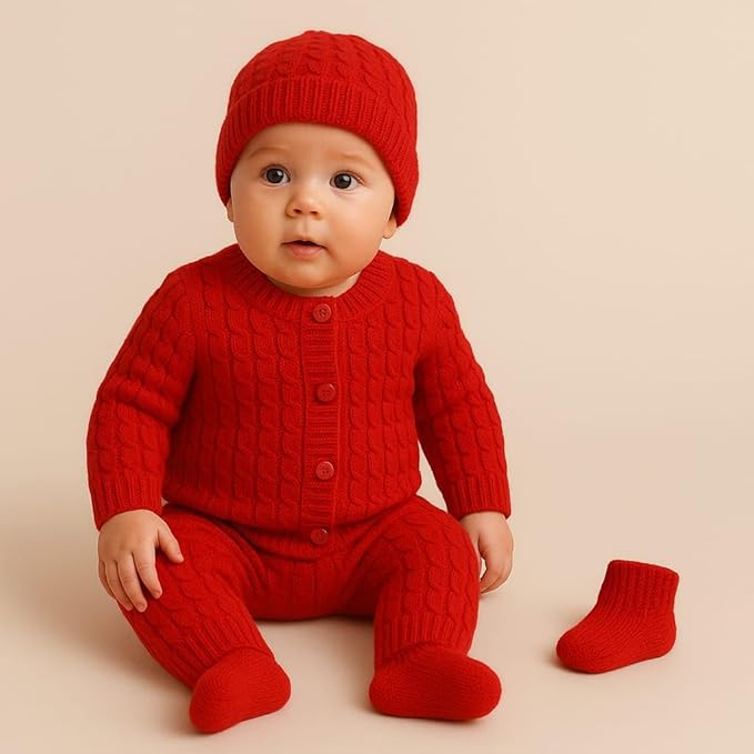 DISHAARA Kids Baby Knitted Winter Wear Set – Sweater, Pajama, Cap & Socks – Dark Red | Newborn Infant Toddler Winter Dress Set - New Born Baby Sweater