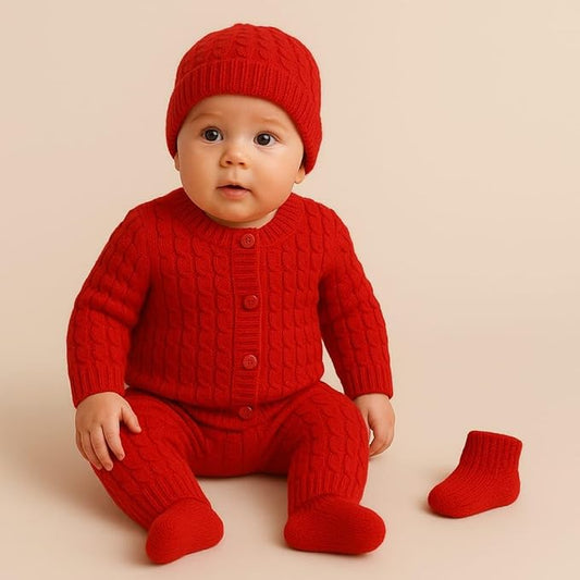 DISHAARA Kids Baby Knitted Winter Wear Set – Sweater, Pajama, Cap & Socks – Dark Red | Newborn Infant Toddler Winter Dress Set - New Born Baby Sweater