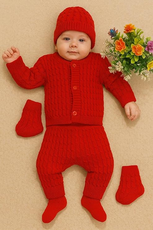 DISHAARA Kids Baby Knitted Winter Wear Set – Sweater, Pajama, Cap & Socks – Dark Red | Newborn Infant Toddler Winter Dress Set - New Born Baby Sweater