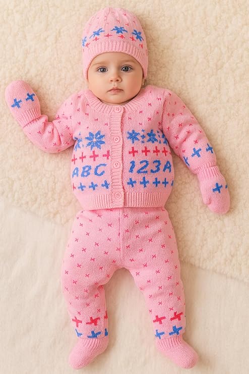 DISHAARA Kids Baby Knitted Winter Wear Set – Sweater, Pajama, Cap & Socks – Light Pink | Cozy Infant Toddler Winter Dress - New Born Baby Sweater