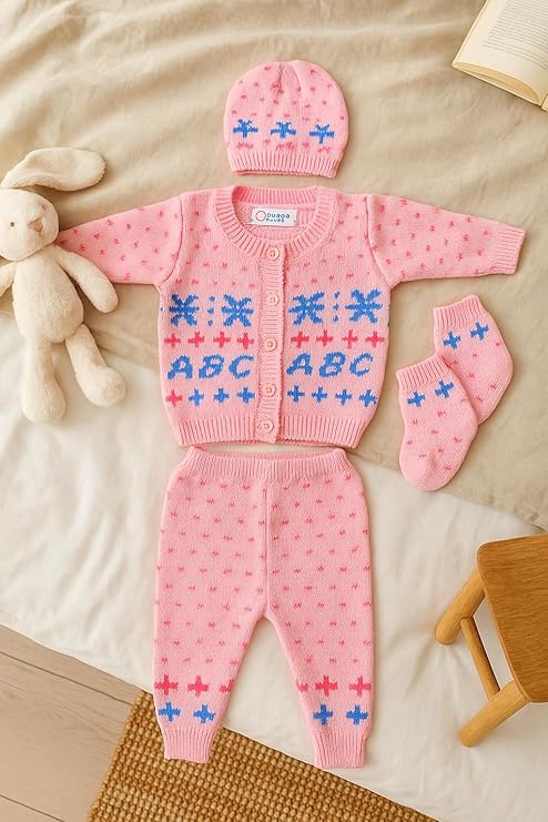 DISHAARA Kids Baby Knitted Winter Wear Set – Sweater, Pajama, Cap & Socks – Light Pink | Cozy Infant Toddler Winter Dress - New Born Baby Sweater