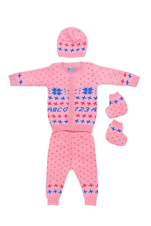 DISHAARA Kids Baby Knitted Winter Wear Set – Sweater, Pajama, Cap & Socks – Light Pink | Cozy Infant Toddler Winter Dress - New Born Baby Sweater