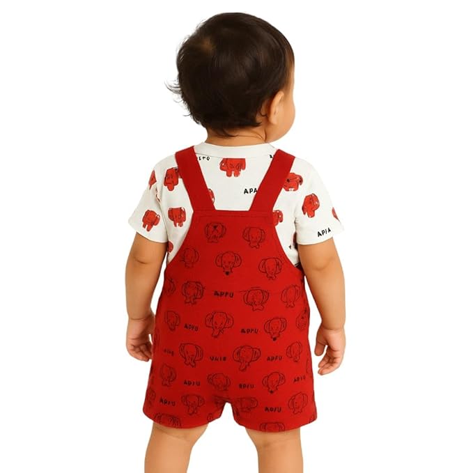 DISHAARA Fashion Newborn Baby Dungaree Set for Boys & Girls Cotton Cat & Elephant Print Romper Dress Soft & Comfortable Baby Outfit for Kids, Infants & Toddlers (0-6 Months)