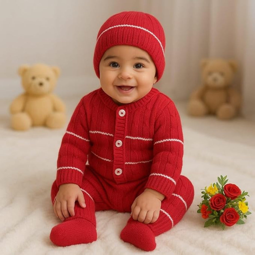 DISHAARA Kids Baby Knitted Winter Wear Set – Sweater, Pajama, Cap & Socks – Rose Pink | Infant Toddler Newborn Warm Outfit - New Born Baby Sweater