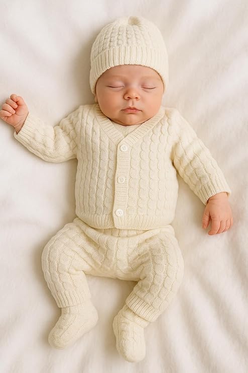 DISHAARA Kids Baby Knitted Winter Wear Set – Sweater, Pajama, Cap & Socks – Light Cream | Infant Toddler Warm Outfit for Winter - New Born Baby Sweater