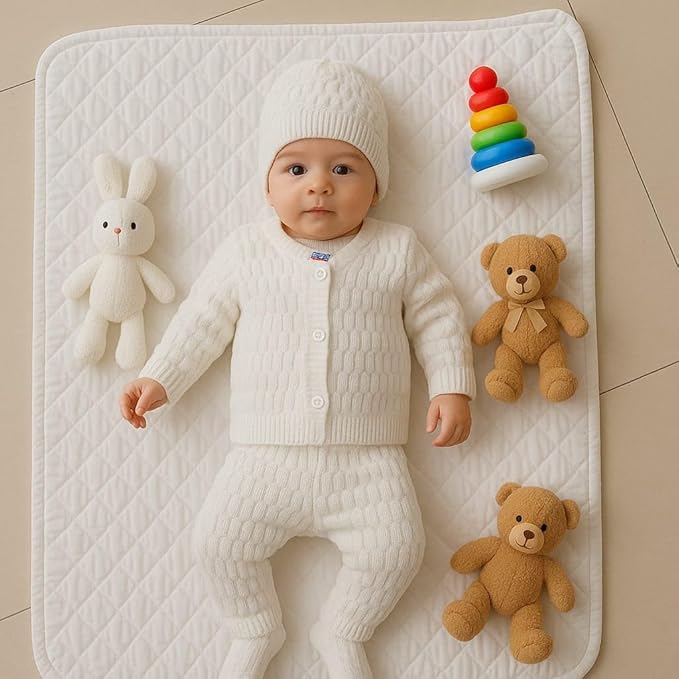 DISHAARA Kids Baby Knitted Winter Wear Set – Sweater, Pajama, Cap & Socks – Light Cream | Infant Toddler Warm Outfit for Winter - New Born Baby Sweater
