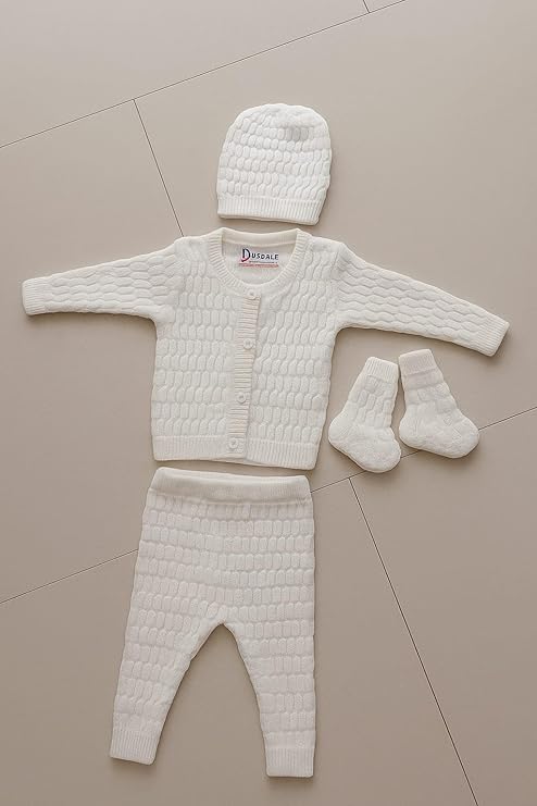 DISHAARA Kids Baby Knitted Winter Wear Set – Sweater, Pajama, Cap & Socks – Light Cream | Infant Toddler Warm Outfit for Winter - New Born Baby Sweater