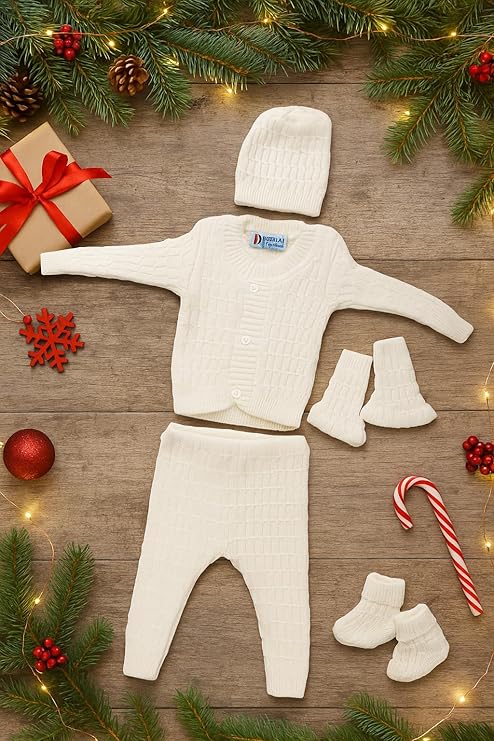 DISHAARA Kids Baby Knitted Winter Wear Set – Sweater, Pajama, Cap & Socks – Light Cream | Infant Toddler Warm Outfit for Winter - New Born Baby Sweater
