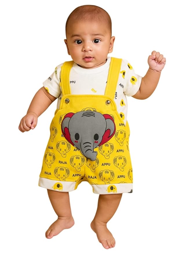 DISHAARA Fashion Newborn Baby Dungaree Set for Boys & Girls Cotton Cat & Elephant Print Romper Dress Soft & Comfortable Baby Outfit for Kids, Infants & Toddlers (0-6 Months)