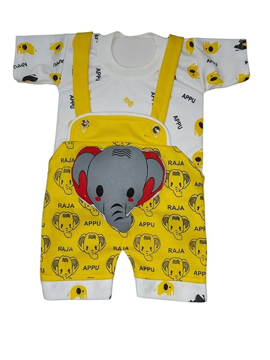 DISHAARA Fashion Newborn Baby Dungaree Set for Boys & Girls Cotton Cat & Elephant Print Romper Dress Soft & Comfortable Baby Outfit for Kids, Infants & Toddlers (0-6 Months)